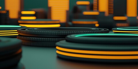 Fototapete - Futuristic glowing rings and cityscape with neon orange and teal lights create a high-tech, sci-fi atmosphere.