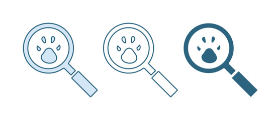 Poster - Blue Paw search icon isolated on white background. Magnifying glass with animal footprints. Vector