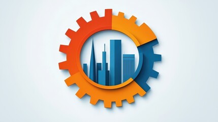 Poster - A gear encircles a blue city skyline, symbolizing industry and urban development on a light background.