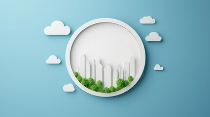Poster - Minimalist paper-cut cityscape with skyscrapers, green trees, and clouds on a blue background, symbolizing eco-friendly urban living.