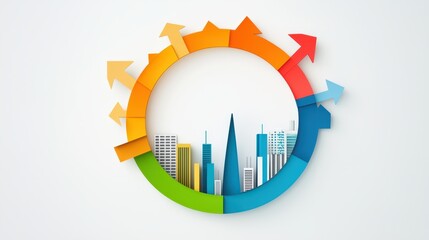 Poster - Colorful circular infographic with arrows surrounds a city skyline, symbolizing urban growth, development, and progress.