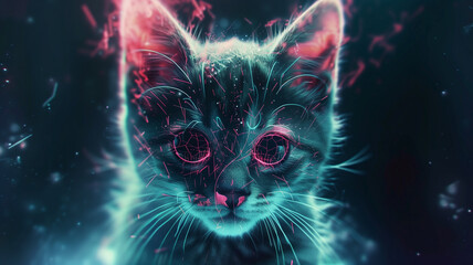 Poster - This glowing, floating holographic kitten emerges in dark space, showcasing advanced digital tech.