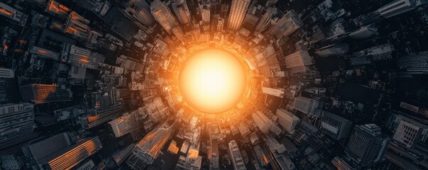 Poster - A glowing sun-like light radiates from the center of a futuristic cityscape viewed from above, creating a dramatic, sci-fi effect.