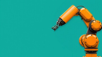 Poster - A bright orange industrial robotic arm against a plain teal background.