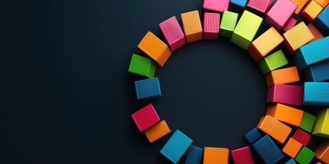 Aufkleber - Colorful rectangular blocks arranged in a circular pattern on a dark background, creating a modern and playful abstract design.