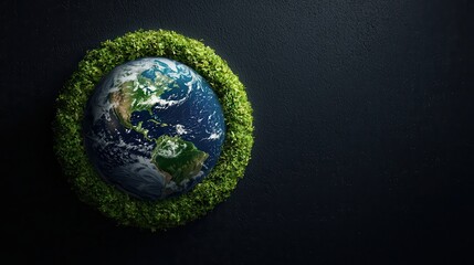 Poster - A globe surrounded by a green wreath symbolizes environmental protection and the importance of preserving Earth on a dark background.