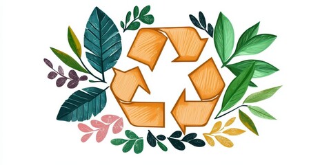 Poster - A recycle symbol surrounded by colorful illustrated leaves, promoting environmental sustainability and eco-friendly practices.