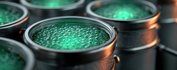 Poster - Metallic containers filled with bubbling, green liquid, closely arranged in a row.