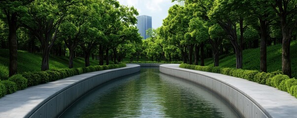 Poster - A tree-lined water canal runs through a lush green park with a modern building visible in the background.
