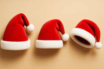 Poster - Three red Santa hats with white fur trim arranged in a row on a light beige background, festive holiday theme with soft lighting and shadows.