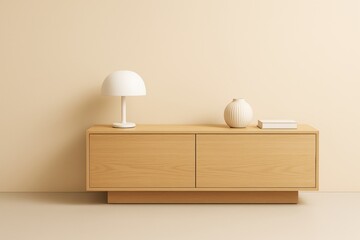 Poster - Minimalist wooden sideboard with lamp, vase, and books against soft beige background in modern interior design concept. Ai generative.