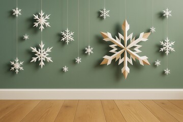 Poster - Hanging paper snowflakes on green wall background with wooden floor, showcasing winter festive decoration in minimal modern graphic concept style.