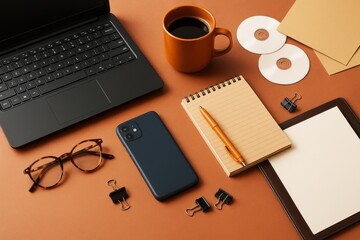 Aufkleber - Workspace essentials with laptop, smartphone, notepad, coffee, and accessories on brown background in modern light graphic style. Ai generative.