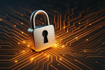 Poster - Cybersecurity padlock on glowing circuit board background illustrating digital protection concept with futuristic light effects and creative graphic design.