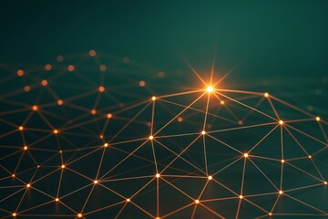 Poster - Glowing network of connected orange nodes on dark background with geometric mesh and radiant light points in futuristic digital graphic style.