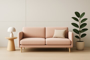 Aufkleber - Minimalist living room interior with pink sofa, wooden side table, lamp, and potted plant against neutral background in soft light. Ai generative.