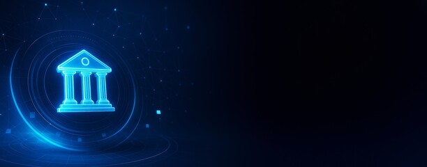 Poster - Glowing digital courthouse icon on futuristic blue tech background with copy space for legal, financial, or government design concepts.