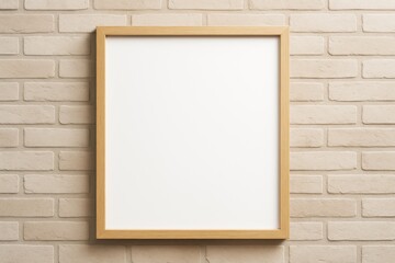 Aufkleber - Blank wooden frame mockup hanging on beige brick wall background for design, branding, advertising or creative poster template presentation.