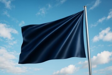 Aufkleber - Waving dark blue blank flag on silver pole against blue sky with clouds, minimal mockup concept for design, branding, or advertising template.