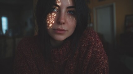 Poster - A young woman sits quietly indoors, her face illuminated by soft, natural light that casts beautiful patterns. She wears a warm sweater and appears thoughtful in a serene atmosphere
