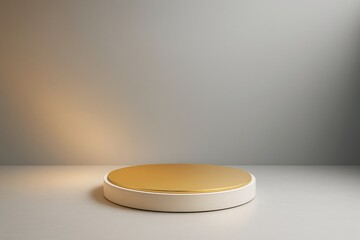 Poster - Minimalist round podium with golden top on neutral background for product display or branding presentation concept.
