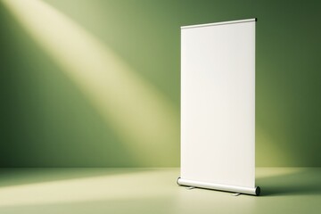 Poster - Blank roll-up banner standing on green background under dramatic lighting for promotion and advertising mockup template with empty copy space.