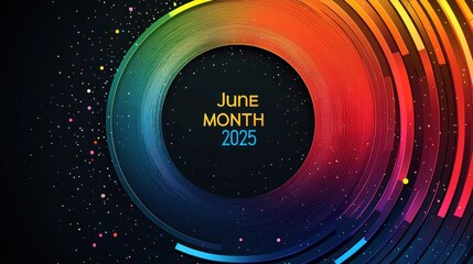 Wall Mural - Colorful circular abstract design with June Month 2025 text in the center on dark background with rainbow gradient Generative AI