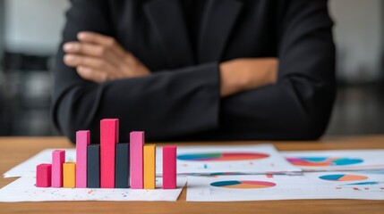Poster - A business person with crossed arms reviews vibrant graphs and charts on a wooden table, focusing on strategic planning in a contemporary office environment
