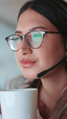 Aufkleber - Glasses, woman and reading in office for call center chat, sales and loan help with coffee. Reflection, cup or questions with computer, tea or beverage with inbound client, inquiry or banking limit