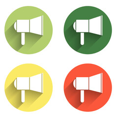 Poster - Set Megaphone icon isolated with long shadow background. Speaker sign. Color circle button. Vector