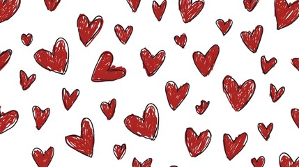Leinwandbilder - Vibrant repeating pattern of simple hand sketched red hearts in various sizes against a clean white backdrop