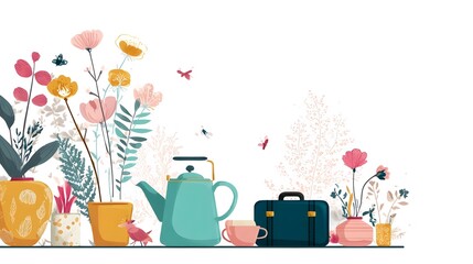Poster - Vibrant whimsical featuring a border of blooming flowers lush foliage a tea set and a suitcase creating a cheerful and elegant spring inspired scene
