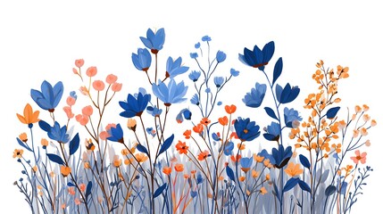 Poster - Flat of a lush stylized bouquet of vibrant blue and orange wildflowers in a botanical garden style setting