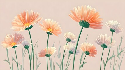 Poster - A stylized pastel colored featuring a cluster of daisies with peach toned petals and green stems arranged in a botanical vector style layout