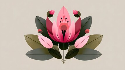 Aufkleber - Elegant botanical featuring a bold symmetrical pink flower with lush foliage in a minimalist vector based design style