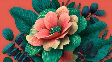 Aufkleber - Striking and visually captivating digital of a giant vibrant flower with lush green leaves and gradient colored petals set against a solid background in a modern stylized botanical theme