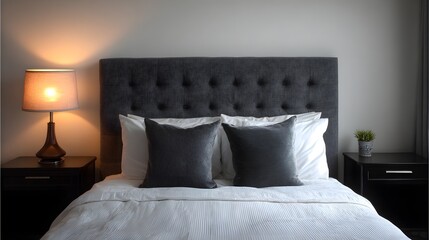 Aufkleber - A modern and sophisticated bedroom design featuring a contemporary gray upholstered bed with plush white pillows a dark wooden nightstand with a warm lamp and soft