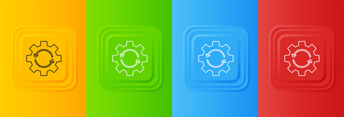 Poster - White Gear and arrows as workflow concept icon isolated on colorful background. Gear reload sign. Set icons in square buttons. Vector
