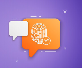 Poster - White Fingerprint with check mark icon isolated on purple background. ID app icon. Identification sign. Touch id. Orange speech bubble symbol. Vector
