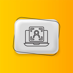 Poster - Black Laptop with face recognition icon isolated on yellow background. Face identification scanner icon. Facial id. Cyber security concept. Silver rectangle button. Vector
