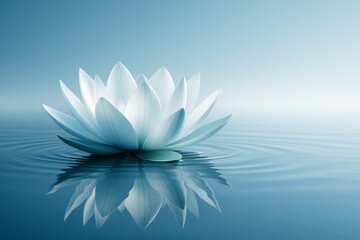 Aufkleber - White lotus flower floating on calm water with soft light and blue gradient background, symbolizing serenity and peaceful abstract concept.