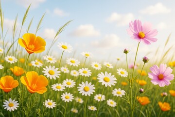 Poster - Colorful wildflowers blooming in a sunlit meadow with daisies, poppies, and cosmos under a bright blue sky on a spring day.