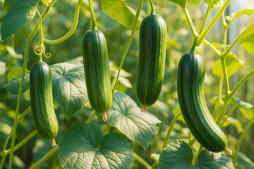 Poster - Fresh cucumbers growing on vines in a greenhouse with sunlight filtering through green leaves on a vibrant natural background, healthy food concept.