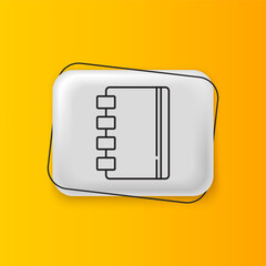 Poster - Black Notebook icon isolated on yellow background. Spiral notepad icon. School notebook. Writing pad. Diary for school. Silver rectangle button. Vector