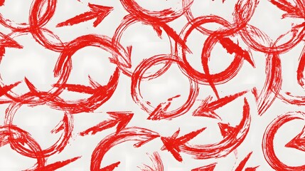 Poster - An abstract dynamic pattern of vibrant red sketch arrows forming interlocking circular loops creating a chaotic and playful hand drawn design