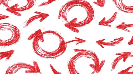 Poster - A dynamic hand drawn pattern of red sketch arrows forming chaotic looping circular motions pointing in multiple divergent directions in an abstract playful display