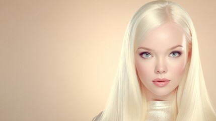 Poster - A model showcases sleek, straight blonde hair and striking blue eyes. The soft, neutral background enhances her features, creating an elegant, fashionable atmosphere