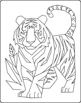 Geometric animal polygon line art tiger black outline vector illustration for children coloring page or book design