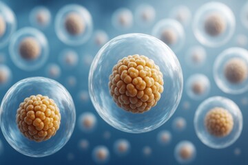 Aufkleber - Microscopic view of biological cells with clustered nuclei in transparent membranes on a soft blue background, depicting cellular science concept.