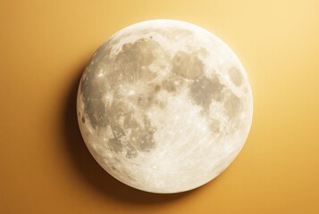 Poster - Hyper-realistic full moon illustration floating against warm yellow background, representing cosmic exploration and scientific concept of light.